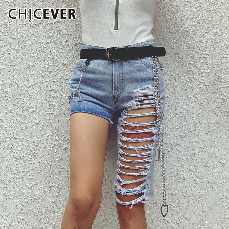 CHICEVER-여성용 청바지, 하이 웨이스트 비대칭 찢어진 구멍 디자인 데님 반바지 여성 2021 여름 패션 의류